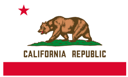 The California flag with a red star at the far left corner, a brown bear on a patch of green grass. The words California Republic written in brown under the grass and a thick red bar under the words.