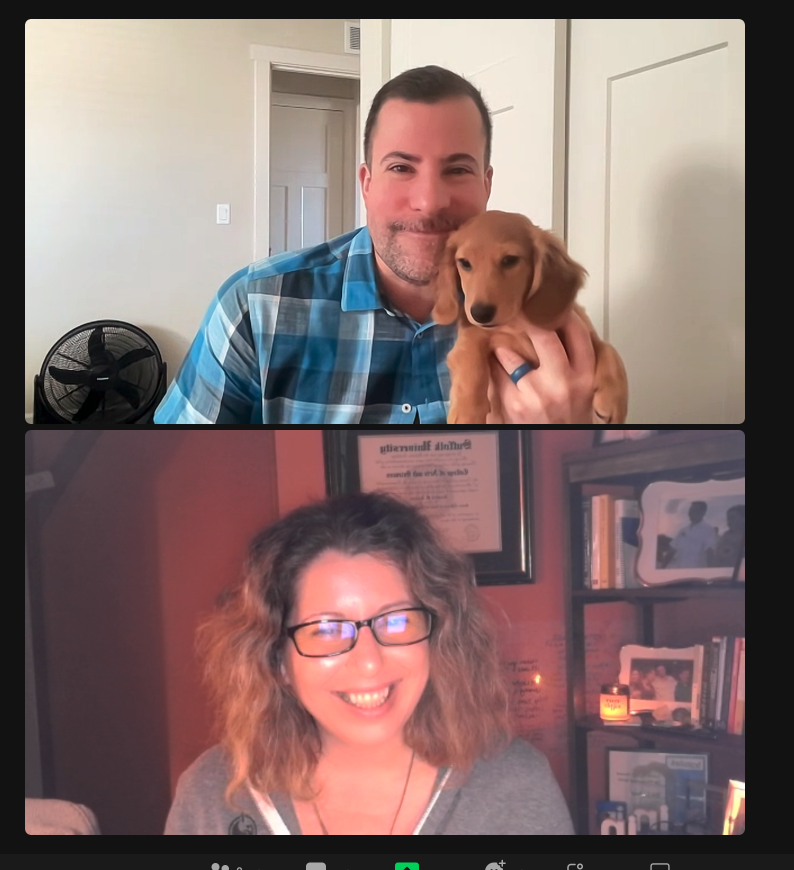 Horizontally split screen of a female coach and a male coachee with his dog, smiling together.