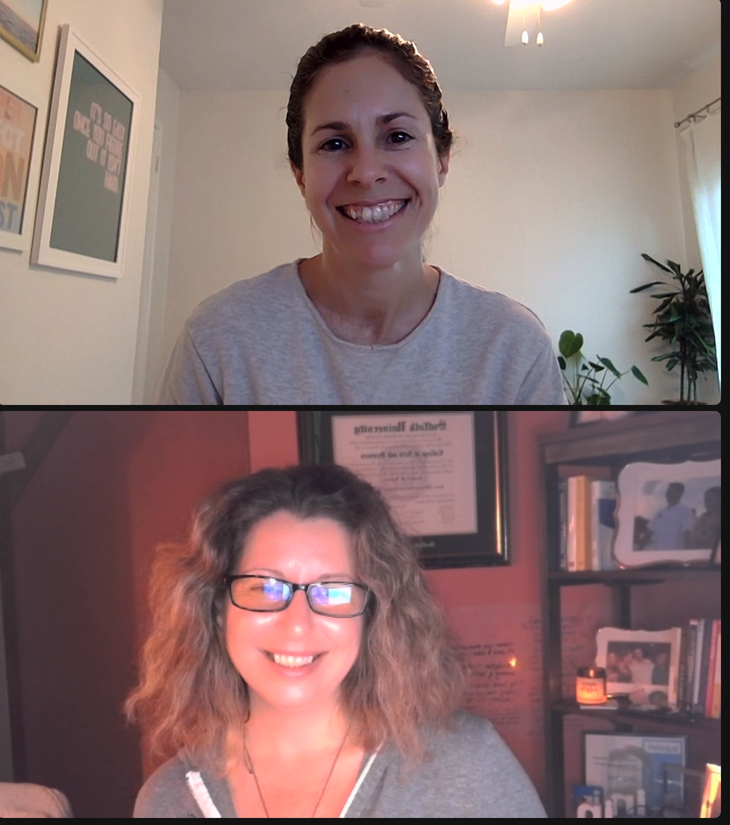 Horizontally split screen of two females, a coach and her coachee smiling together.