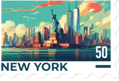 A jagged edged stamp of the New York skyline with iconic landmarks such as the statue of liberty, 911 memorial, and other buildings. A body of water sits in front of the skyline and in the background is a teal sky with orange, cream, and white fluffy clouds.