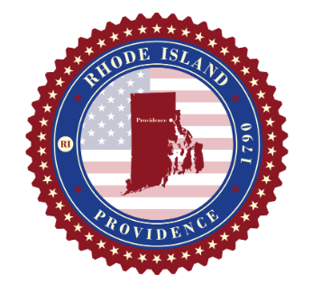 Three circles one side the other with the innermost circle with a white-washed United States flag partially showing and in the middle of the flag is a red shape of the state of Rhode Island. The outermost circle is red with jagged edges and white stars in a single file line around the circle. The Red, white, and blue round stamp with the words Rhode Island written a the the top in white against the blue middle circle. The numbers 1790 is written in white in the blue circle on the right. Providence is written in white on the blue circle at the bottom. On the left of the blue circle is another white circle with the shape of the state in red.