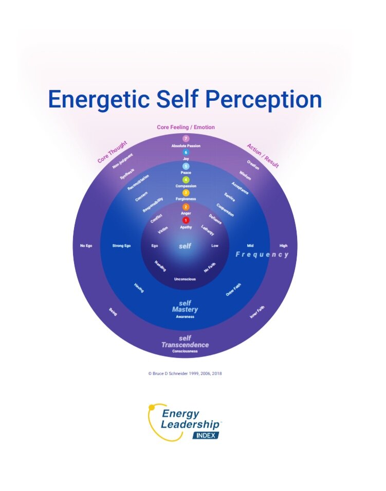 Blue energetic self perception chart with 7 energy levels including different colors of rectangles with the words, victim, antagonist, rationalizer, helper, collaborator, creator, and passionate stacked on each other on the side of the blue wheel. The colors from the bottom up are red, dark orange, light orange, light green, light blue, dark blue and purple.